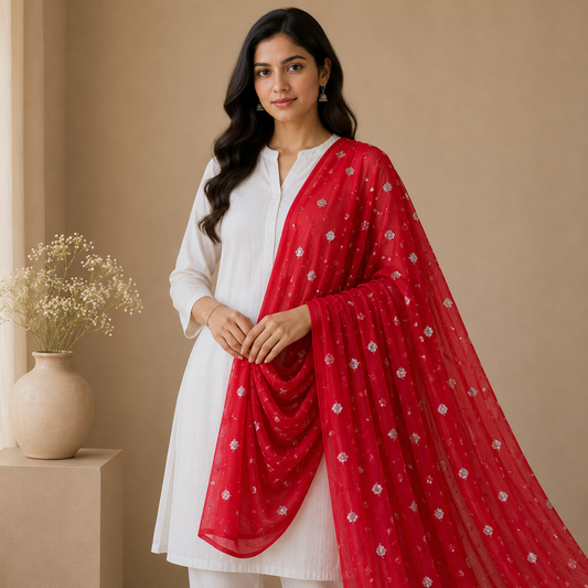 Buy Red Butti Net Fabric