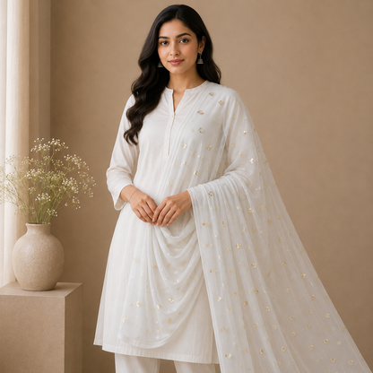 Buy White Golden Butti Net Fabric