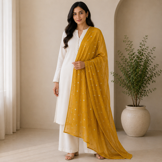 Buy Mustard Butti Net Fabric