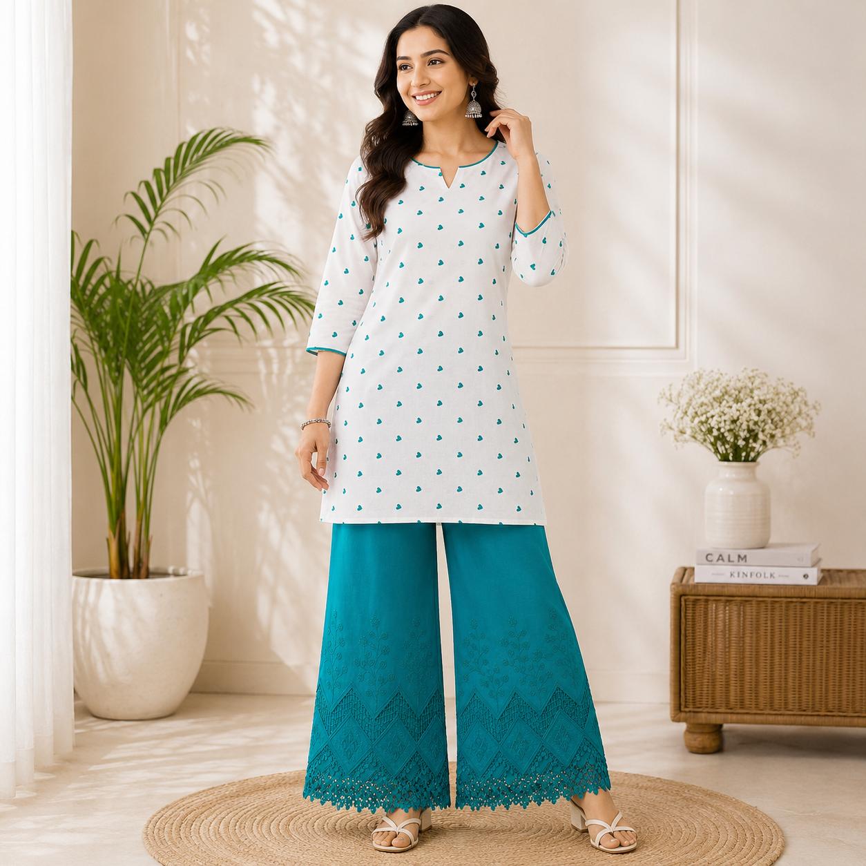 Buy Combo Rayon Printed Rama Green with Apliq Border Plazo Fabric 003