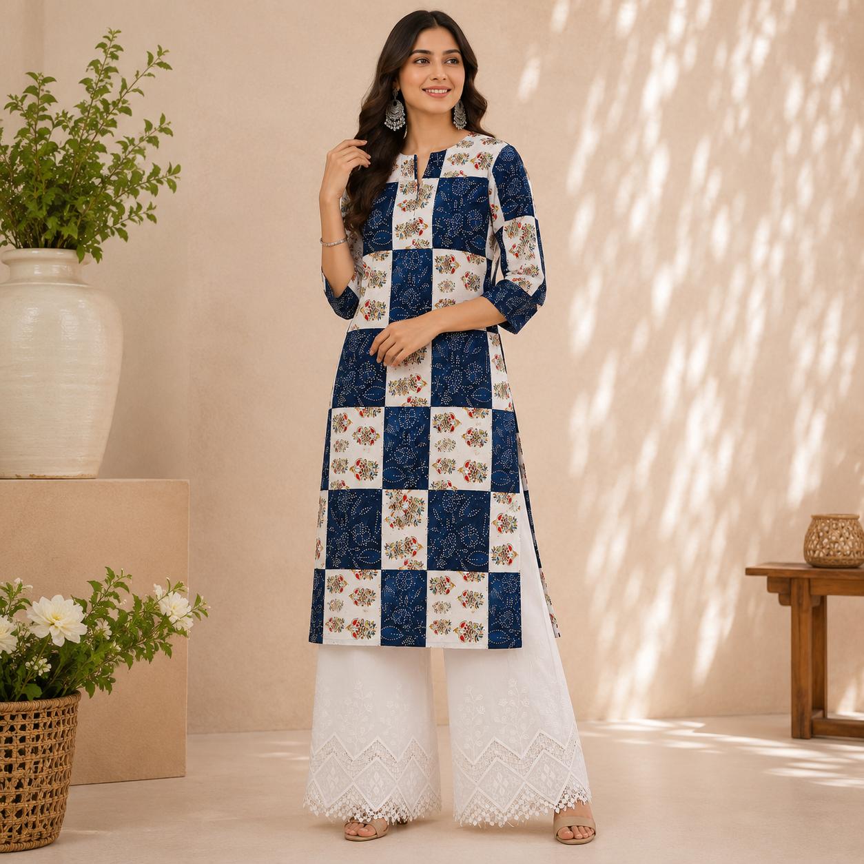 Buy Combo Floral Rayon Print Diamond with Apliq Plazo Fabric 049