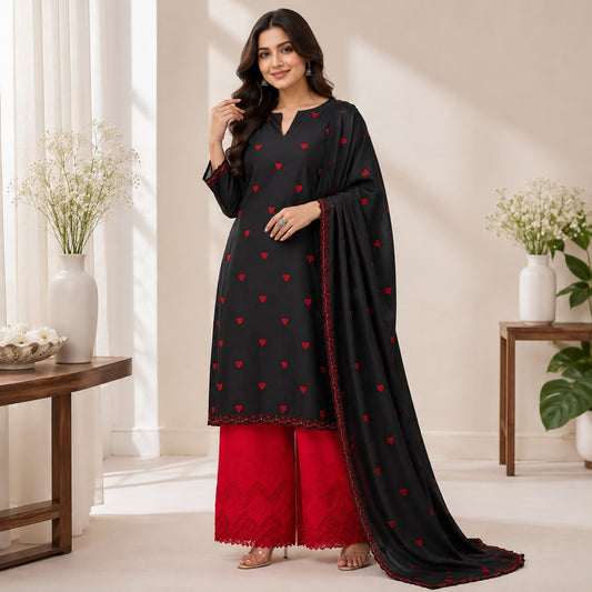 Buy Combo Black Cotton Red Heart Kadai Top & Dupatta with Apliq Plazo Fabric