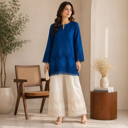 Buy Combo Diesel & Off White Color Apliq Plazo Chikankari Fabric