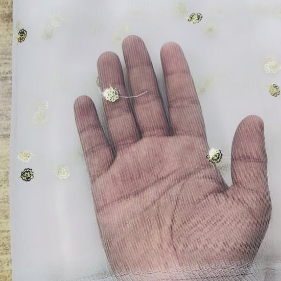 White Golden Butti Net Fabric