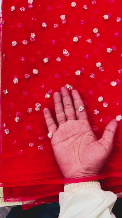 Red Butti Net Fabric