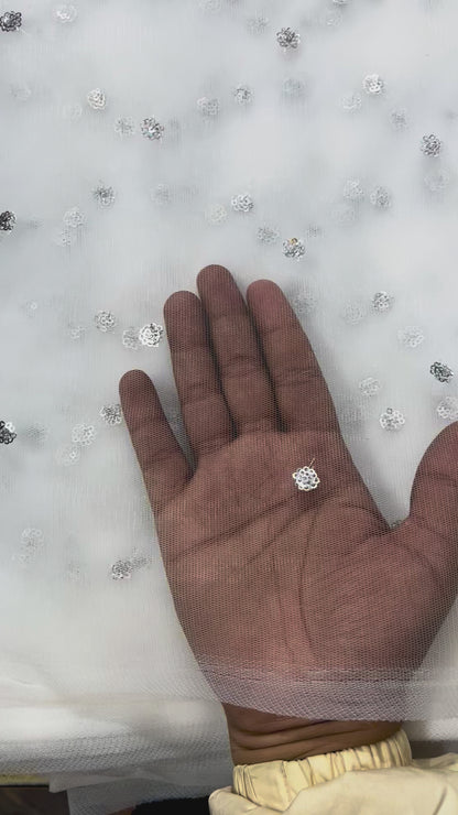 White Silver Butti Net Fabric